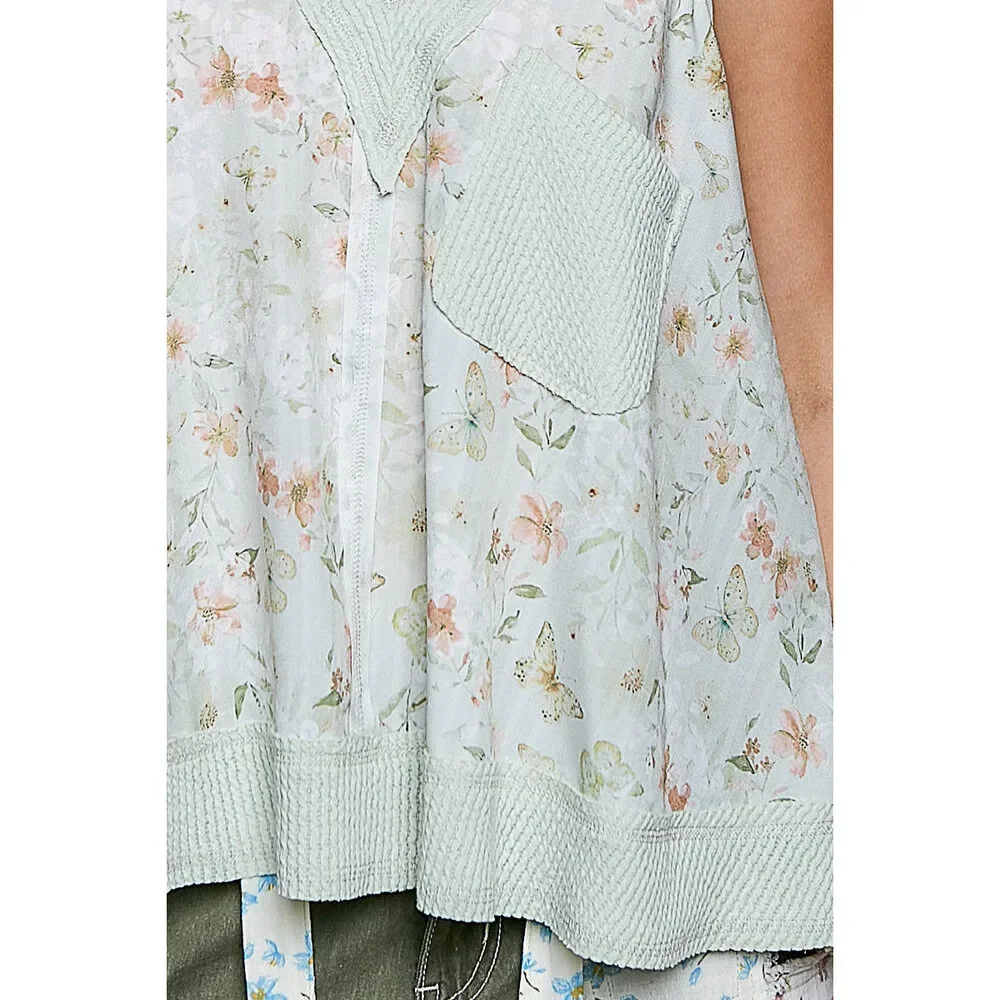 POL Floral V-Neck Tank with Front Pocket